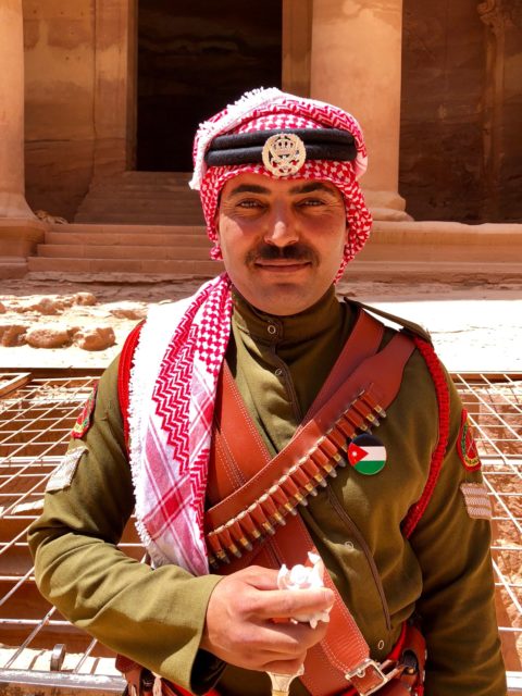 Meet Ahmed, a Petra Police Officer, outside the famous Treasury in ancient Petra. He was very pleased when he actually got to keep Syd. He thought we just wanted to take a picture of him with Syd. We passed him on the way out and he was still holding him a couple hours later! Friends for life.