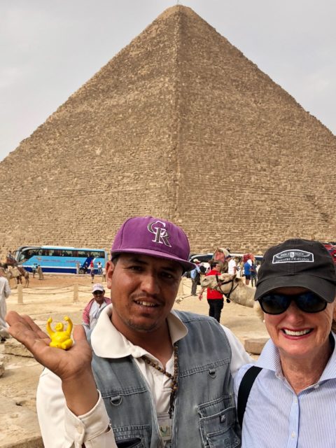 Ali, a camel driver and Colorado Rockies fan with Wispy. He, like all the Egyptians we met, was very friendly and welcoming to Americans. At first he thought we were trying to sell Syd to him! He was happily surprised when he received Syd as a gift from us. Syd is surely making his presence felt in Egypt!